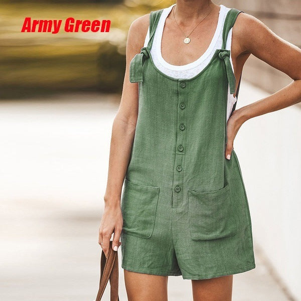 New Solid Color Round Neck Button Loose Short Jumpsuit