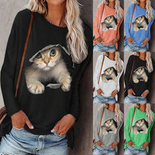 Load image into Gallery viewer, Women&#39;s Fashion Round Neck Pullover Long Sleeve Cat Print T-Shirt

