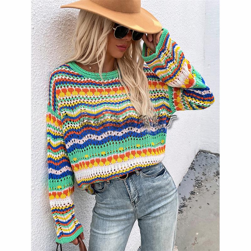 Stitching Sweater Loose Inter-color Rainbow Round Neck Striped Women