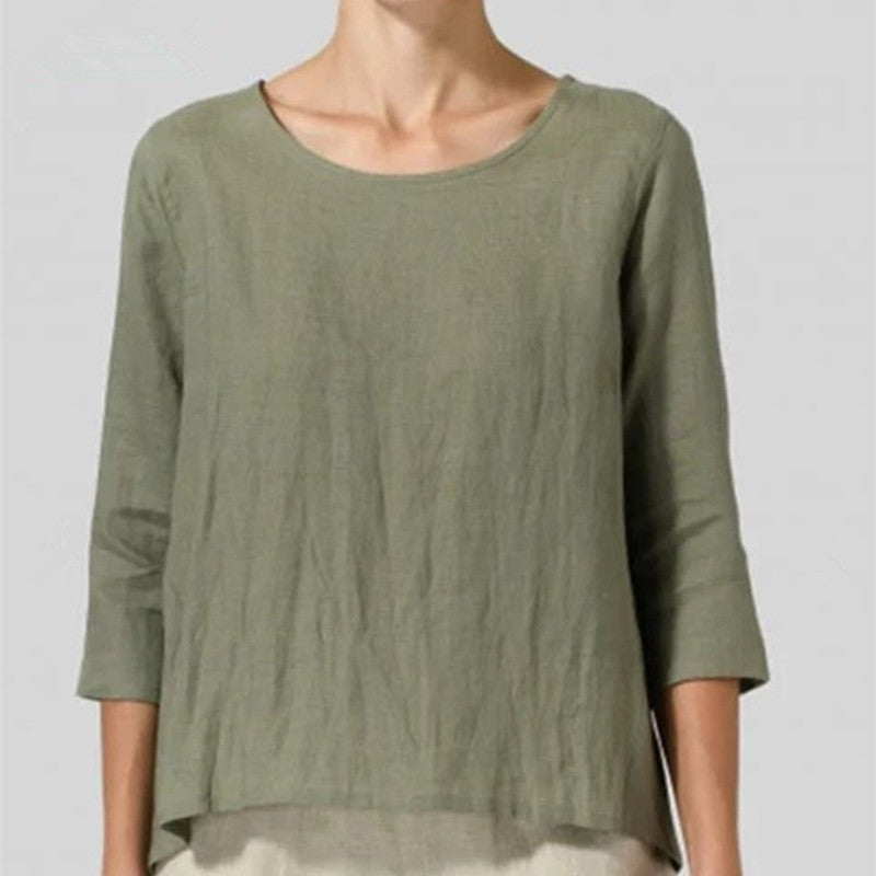 Women's Fashion Casual Cotton Linen Seven-point Sleeve T-shirt