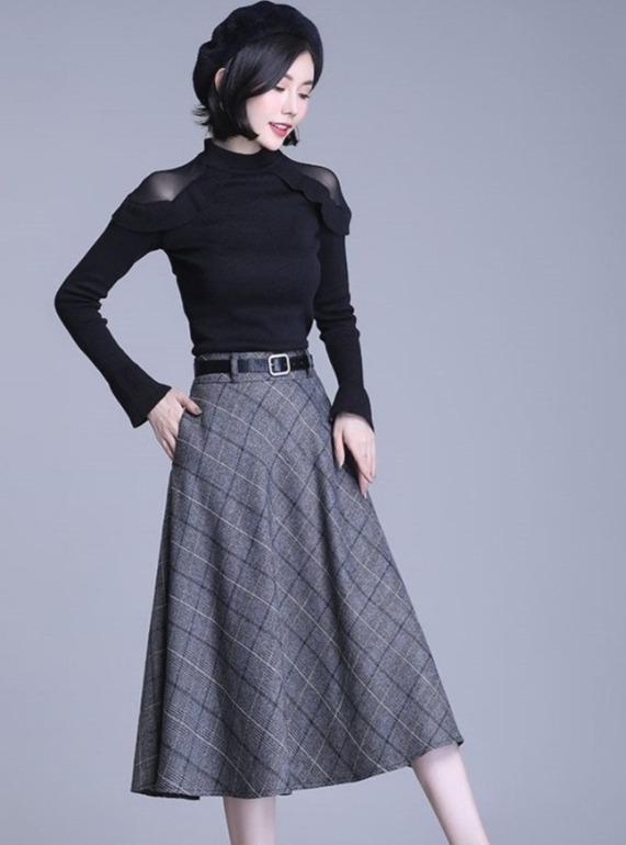 OL Commuting Woolen High Waist Micro-Elastic Mid-length Plaid Skirt