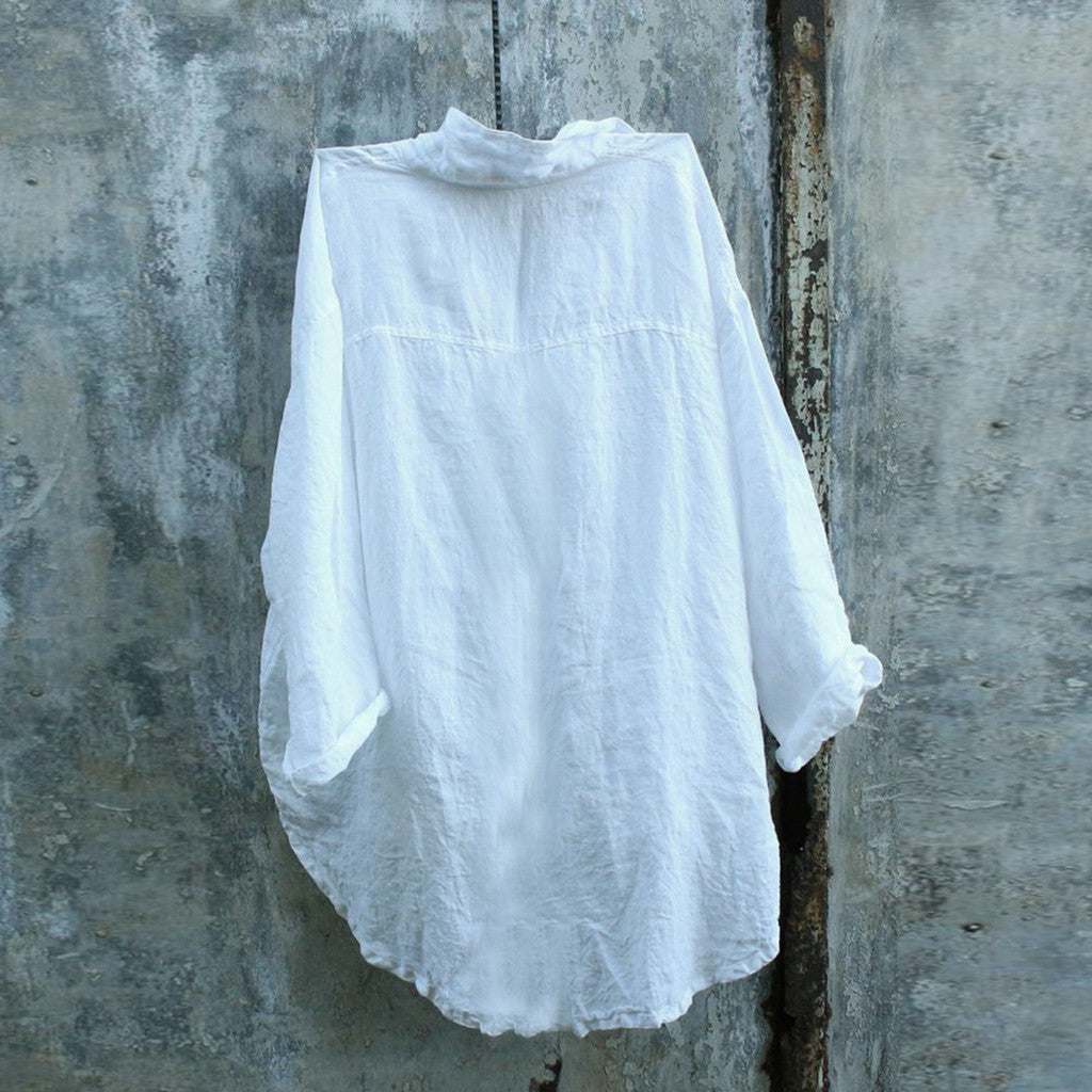 Women's Long-sleeved V-neck Loose Cotton And Linen Blouse