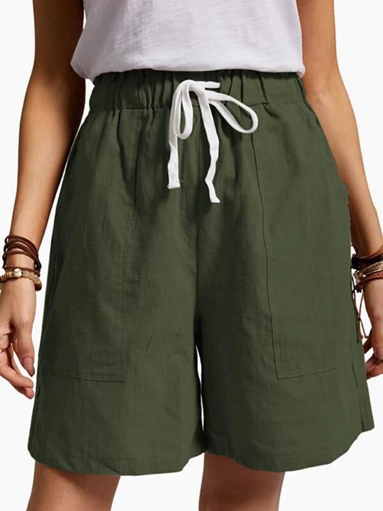 Women's Fashion Solid Color Cotton Linen Elastic Waist Lacing Shorts