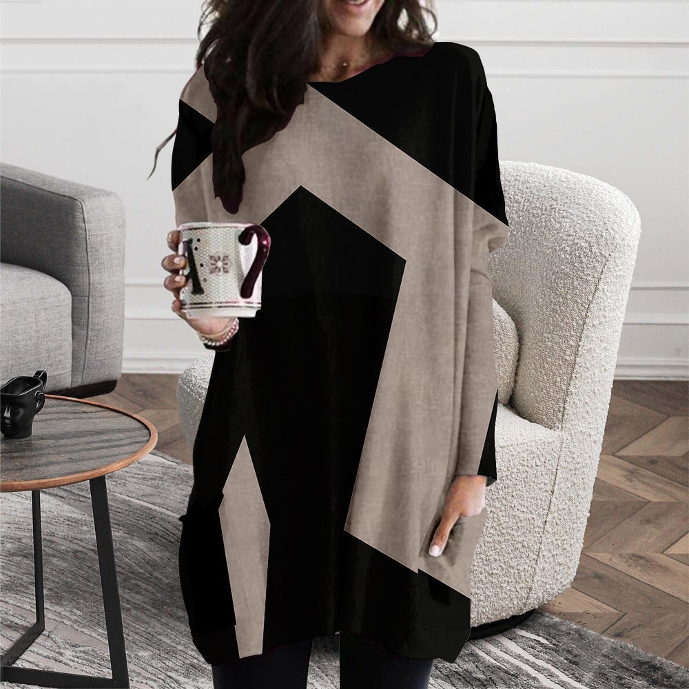 Long Sleeve Abstract Face Round Neck Casual Middle Loose Dress