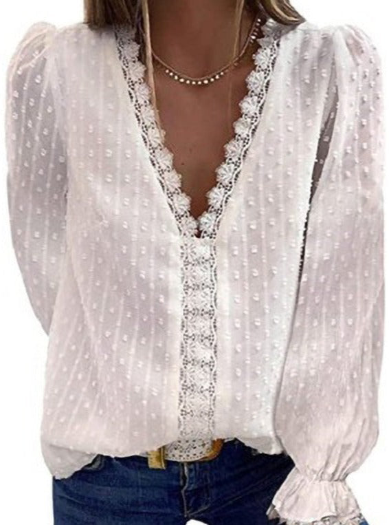 European And American Solid Color Jacquard V-neck Long-sleeved Blouse Women