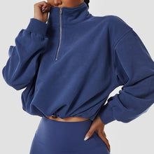 Load image into Gallery viewer, Women&#39;s Outdoor Running Zipper Loose Long Sleeve Short Drawstring Sweatshirt
