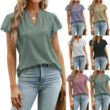 Load image into Gallery viewer, Jacquard V-neck Pile Sleeve Short Sleeve T-Shirt Blouse
