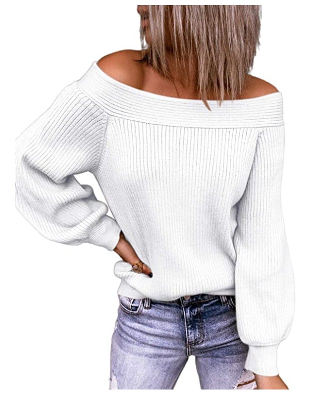 Off-The-Shoulder Plus Size Loose Knitted Sweater Boat-Neck Solid Color Pullover