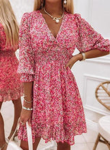 Load image into Gallery viewer, Printed Short Sleeve Puff Sleeve Mid-Rise Floral Dress
